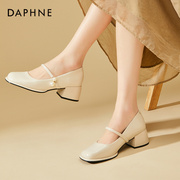 达芙妮中跟白色玛丽珍女鞋2024高跟法式粗跟珍珠配裙子的单鞋