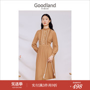 goodland美地女装，2023秋季木耳花边立领泡泡，袖雪纺连衣裙