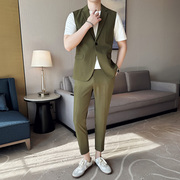 抹茶绿无袖西装男时尚垂感外套休闲痞帅西服搭配英伦九分裤两件套