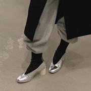 韩版手工鞋2023银色高跟单鞋异形跟粗跟一脚蹬真皮简约女鞋