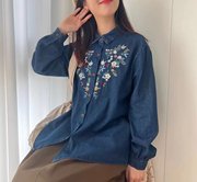 日系森女风格穿搭甜美刺绣花朵长袖牛仔衬衫女单排扣宽松开衫外套