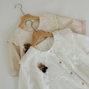 夏装日系森女娃娃领上衣花朵胸针宽松白色短袖衬衫女米色衬衣