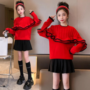 女童红色毛衣秋冬季韩版中大童蝙蝠衫针织衫仿貂绒，打底衫上衣