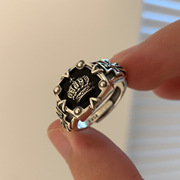 韩版S925银戒指女复古时尚重工十字架开口指环嘻哈暗黑食指戒