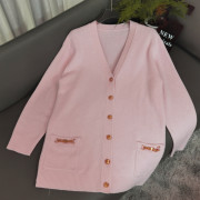 ce22秋冬金属链条口袋V领羊毛衫针织开衫粉色羊绒外套女
