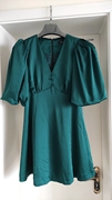 澳洲小众设计师fn复古祖母绿缎面，单排扣v领花苞，袖短袖连衣裙短裙