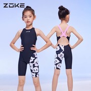 zoke洲克专业儿童泳衣女童连体，五分游泳衣比赛训练中大童泳装