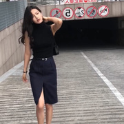 前开衩藏蓝条纹西装半身裙女中长款高腰一步裙设计感OL职业包臀裙