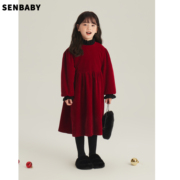 Senbaby童装定制女童新年连衣裙女孩加绒冬裙中大童红色丝绒长裙