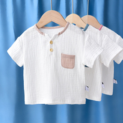 宝宝棉麻上衣短袖t恤衫婴儿男女儿童半袖，纯棉夏装韩版洋气白色