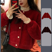 毛茸茸纯色简约毛衣春秋，外穿韩版宽松雪尼尔，短款红色开衫针织外套