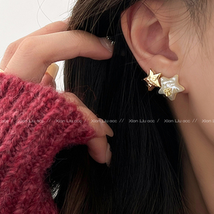 不对称珍珠蝴蝶结五角星耳钉小众设计感高级字母耳环2023