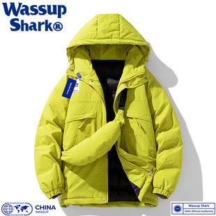 Wassup Shark潮牌工装羽绒棉服男女情侣冬季加厚保暖连帽外套棉袄