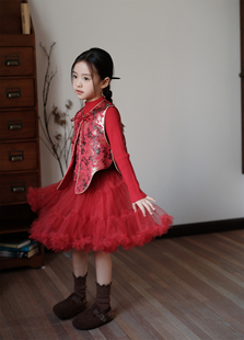 小鸡家原创福色红色蓬蓬，纱裙儿童连衣裙