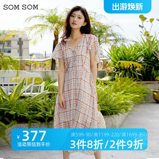 somsom索玛2023夏季短袖，连衣裙女v领长款格子雪纺裙子12025
