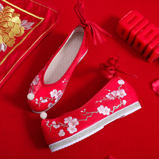 秀禾服婚鞋复古女中式内增高亮面新娘大红色礼服布鞋孕妇可穿