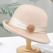 法式帽子卷沿礼帽女士羊毛毡帽，赫本风复古盆帽时尚洋气毛呢渔夫帽