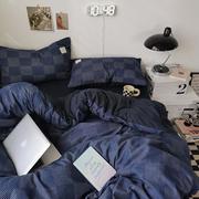 北欧简约蓝色棋盘格子床上四件套1.5m宿舍寝室床单被套三件套床品