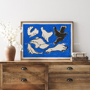 蓝色飞鸟 现代简约抽象北欧风格客厅相框装饰画心 文艺复古海报