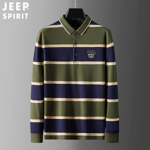 jeep吉普男士polo衫春秋季条纹，保罗纯棉休闲上衣服，翻领长袖t恤衫