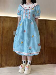 童趣减龄蓝白格子精致刺绣可爱甜美多巴胺减龄娃娃领连衣裙2023夏