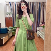 法式小清新绿色衬衫连衣裙女夏季高级感收腰显瘦气质减龄长裙
