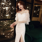 白色晚礼服网纱镂空名媛气质，性感吊带连衣裙，灯笼袖开叉长款显瘦女