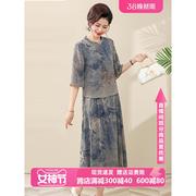 新中式国风妈妈夏装套装时尚上衣短袖T恤中老年女夏季雪纺两件套