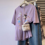 复古紫色卡通短袖T恤女情侣装甜美少女夏季宽松2024半袖上衣