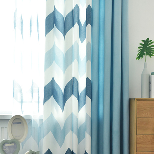 美式北欧风格窗帘成品几何，简约现代遮光客厅，卧室落地棉麻拼接