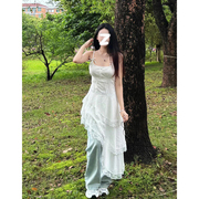 夏季2024白色蕾丝吊带连衣裙，女仙气设计感不规则斜摆收腰长裙