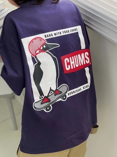 春夏季 儿童紫色日系印花短袖 男女童滑板企鹅T恤