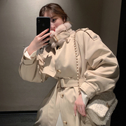 大毛领外套女2021冬季派克服工装，棉服收腰中长款加绒加厚风衣