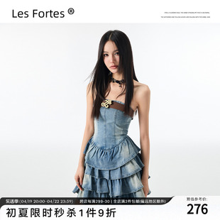 lesfortes23ss原创复古水洗，牛仔百褶蛋糕，裙抹胸收腰蓬蓬连衣裙