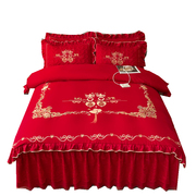 婚庆大红色床裙款四件套结婚刺绣单被套(单被套)床罩结婚喜庆陪嫁床上用品