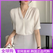 OL通勤白色衬衫V领短袖女attrangs韩国2024夏季雪纺上衣