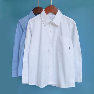男童白衬衫长袖纯棉秋冬款儿童口袋天蓝色衬衣中大童学生校服礼服
