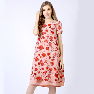 欧美大码胖mm夏季短袖红色印花雪纺连衣裙，2024欧货长裙女