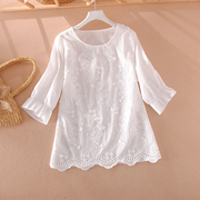 夏季T恤衬衫女士圆领纯白色刺绣镂空套头上衣纯棉七分袖宽松衬衣