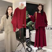新中式红色套装女冬季加绒加厚胖mm显瘦减龄盘扣卫衣半身裙两件套