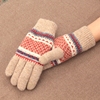 日本羊毛针织文艺手套双层加厚加绒触屏分指女冬户外保暖复古花纹