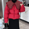 红色娃娃领小香风羽绒服女冬季2023短款小个子时尚面包服外套
