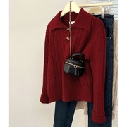 麻花毛衣女小个子秋冬季宽松套头羊毛衫Polo领红色内搭针织打底衫