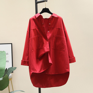 红色中长款加厚衬衫女外套，2023秋装宽松设计感衬衣，长袖上衣潮