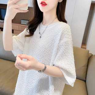 小众设计感短袖t恤女夏季韩版宽松大码女装，针织提花雪纺衫上衣服