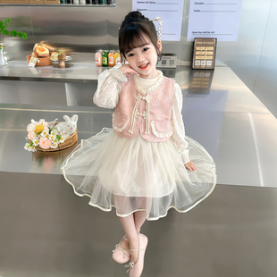 女童春季连衣裙2024儿童，中国风马甲裙子套装，新中式公主裙纱裙