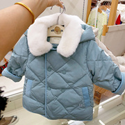 韩国童装23冬男女童，宝双排扣毛领带帽纯色，洋气羽绒服外套b4