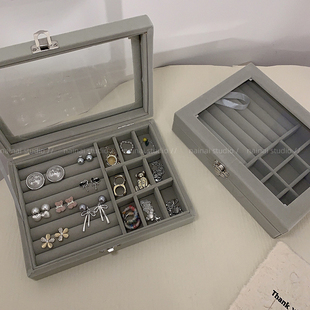灰色丝绒收纳盒~戒指耳环项链，珠宝透明防尘首饰盒防氧化饰品便携