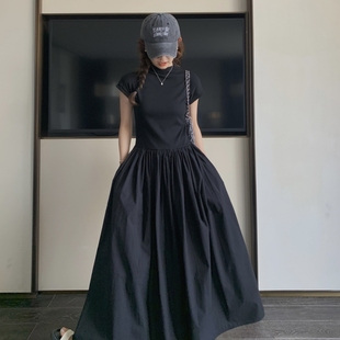 黑色赫本风连衣裙夏季高级感气质超长款到脚踝高个子女生显瘦长裙