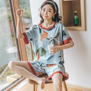 棉绸睡衣女夏短袖(夏短袖)短裤绵绸家居服人造棉，两件套装薄可外穿学生大码